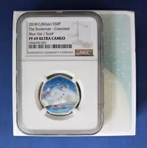 2018 �V���o�[ �v���[�t 50 �y���X �R�C���uThe Snowman - Blue Hat / Scarf�vNGC Graded PF69