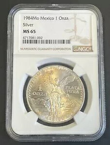 1984 Mo メキシコ 1 オンザ シルバー リベルタ NGC MS-65、1 オンス プラタ プラ レタード エッジ