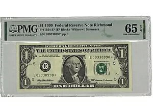 1999 $1 �t�F�f���� ���U�[�u �X�^�[ �m�[�g ���b�`�����h PMG 65Fr.1924-E* (E* �u���b�N) EPQ S/N