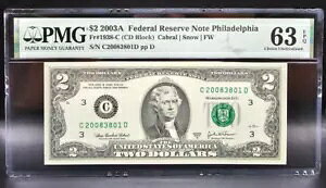 $2 2003A FRN �t�B���f���t�B�A Fr#1938-C (���܂��ʓI�ł͂Ȃ� CD �u���b�N) PMG 63 EPQ Choice Unc