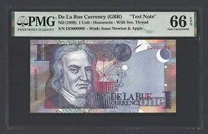 De La Rue One Unit ND(1999) Isaac Newton &Apple S/N000009 �e�X�g�m�[�g UNC Grade 66
