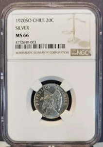 1920 So Chile �V���o�[ 20 CENTAVOS 20C DEFIANT CONDOR NGC MS 66 GEM BU TOP POP