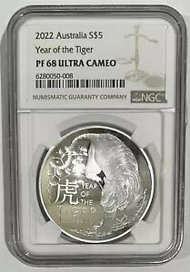 2022 �I�[�X�g�����A S$5 �C���[ �I�u �U �^�C�K�[ �~���g�{�b�N�X�� COA �t�� PF68 ULTRACAMEO NGC LOC10