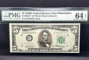 ???1950 $5 FRN FR1963-C* PMG 64 EPQ�A�t�B���f���t�B�A�u�X�^�[�v�m�[�g S/N C07552773*