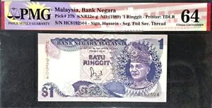 PMG 64 UNC 1989 マレーシア 1 リンギット B/ノート S/N HC 8192504 (無料 1 B/ノート) #21311