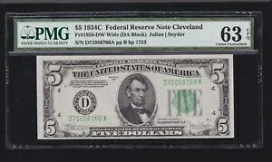 US 1934C $5 FRN �N���[�u�����h ���C�h FR 1959-DW PMG 63 EPQ (760) 1/2 �A��