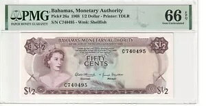 1968 バハマ 1/2 ドル 50 セント紙幣 - P# 26a - Gem UNC - PMG 66 EPQ