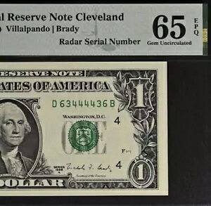 1988A $1 連邦準備銀行券 PMG 65EPQ - ファンシー レーダー シリアル番号 63444436