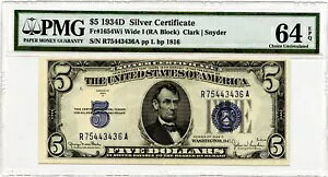 1934D $5 �V���o�[�ؖ��� Fr#1654Wi PMG Choice ������ 64 EPQ