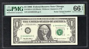 FRB 1925-G 1999 $1 AMu[_[ S/N G34466443Iv PMG GEM UNC-66EPQ