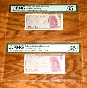 PMG 65 EPQ 1964 INDONESIA 5 セン銀行インドネシア P-91a シーケンシャル セット 2 紙幣