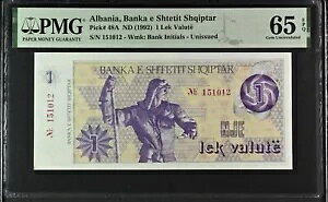 AojA 1 Lek Valute ND 1992 P 48A GEM UNC PMG 65 EPQ