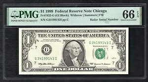 FRB 1925-G 1999 $1 AMu[_[ S/N G34199143Iv PMG GEM UNC-66EPQ
