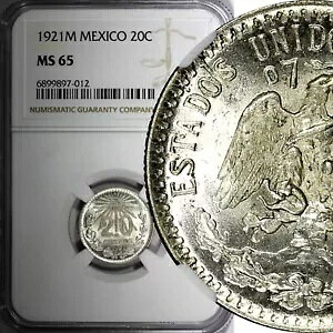 ���L�V�R ESTADOS UNIDOS MEXICANOS �V���o�[ 1921 M 20 �Z���^�{�X NGC MS65 BU KM# 438