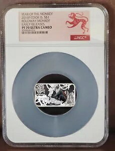 2016 NGC Pf 70 �N�b�N�A�C�����h 1oz �V���o�[ $1 �uROLOWAY MONKEY�v�E���g���J���I