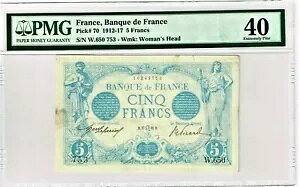 フランス銀行 5 フラン 1912-17 ピック 70 PMG 極細 40。