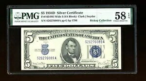 DBR 1934-D $5 �V���o�[ Fr. 1654Wi ���C�h I SA �u���b�N PMG 58 EPQ �V���A�� S26276089A