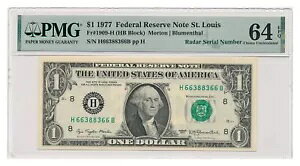 米国紙幣 1 ドル セントルイス 1977 A レーダー シリアル PMG グレード MS 64 EPQ