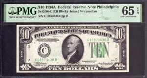 1934 N $10 AM tBftBA FR.2006-C CB ubN PMG GEM 65 EPQ