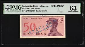 インドネシア 1964 - 50 セン P#94s **標本** PMG Choice UNC 63