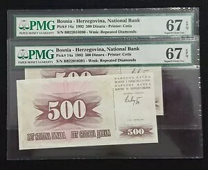1992 {XjA wcFSri 2 CONS Notes 500 Dinara PMG 67 SUPERB GEM UNC Note