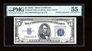 DBR $5 1934-C �V���o�[ Fr. 1653W LA �u���b�N ���C�h �t�F�C�X PMG 55 �V���A�� L68843248A