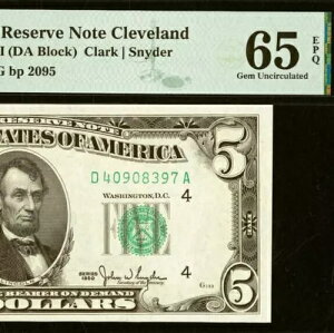 1950C $5 �A�M������s�� PMG 65EPQ �N���[�u�����h Fr 1961-D Wide II