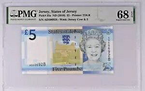 2010 ジャージ ピック# 33a Wmk: ジャージ カウ 5 ポンド クイーン エリザベス 2 世 PMG 68 トップ ポップ