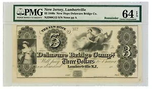 1800 �N��� $3 New Hope Delaware Bridge Co - �j���[�W���[�W�[�B�����o�[�g�r�� �m�[�g PMG 64 EPQ