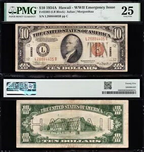 とても素敵な大胆で鮮明な VF+ 1934 A $10 ハワイ連銀紙幣 PMG 25! L28884405B