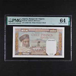 1939-45 �A���W�F���A Banque de I Algerie 100 �t���� �s�b�N#85 PMG 64 Choice UNC