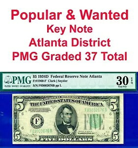 1934D $5 �A�M������s�� PMG 30EPQ ���A PMG �O���[�h 37 �A�g�����^ Fr 1960-F
