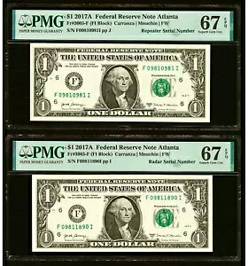 2017 A $1 FRN 2 Zbg m[g [_[ s[^[ 09811890 09810981 PMG GEM 67 EPQ