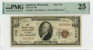 1929 Ty.1 $10 �i�V���i�� �o���N �A�b�v���g�� WI CH# 1749 PMG VF25