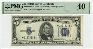 1934D $5 �V���o�[�ؖ������C�h I �u���[ �V�[�� Fr# 1654Wi* PMG EF40