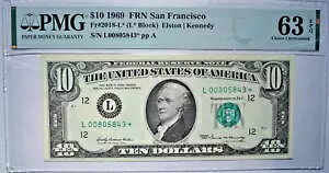 1969 $10 FRN Fr#2018-L* (L*BLOCK) ELSTON/KENNEDY �󏭂ȃT���t�����I PMG 63 EPQ �X�^�[!