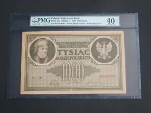 ポーランド 1919- 1000 マレク - 国家融資銀行 -PMG 極細 40 正味大型紙幣