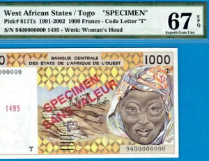 W.A.S/T TOGO-SPECIMEN 1000 FRS-1994-P.811Ts **PMG 67 EPQ SUPERB GEM UNC*gbv |bv*