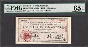LVR - Revolutionary 25 Centavos 1915 V[Y - CC Pick-S551j GEM UNC PMG 65 EPQ