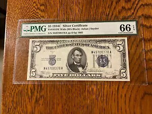 1934C $5 �u���[ �V�[�� �V���o�[ �ؖ��� PMG 66 �W�F�� ������ EPQ - �f���炵������!!