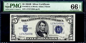 1934B $5 ��ؖ����B FR: 1652�BPMG �O���[�h: 66 EPQ�B��v�ȓ��t�A���A�O���[�h�B