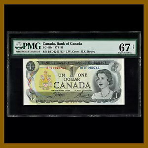 カナダ 1 ドル、1973 P-85c BC-46b PMG 67 EPQ Crow/Bouey クイーン エリザベス 2 世 Unc