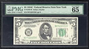 FRB 1959-B 1934-C $5 FRN AM j[[NBj[[N PMG GEM UNC-65EPQ