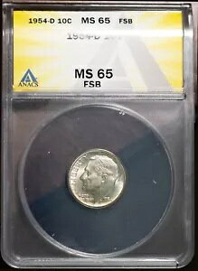 1954-D 10c �V���o�[ ���[�Y�x���g �_�C�� MS 65 FSB �V���� ANACS # 7351781 + �{�[�i�X