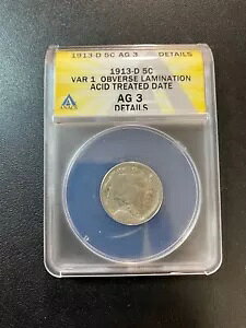 1913 D �o�b�t�@���[ �j�b�P�� �~���g �G���[ ANACS AG-3 DET - OBV ���~�l�[�g - �X���u - 5C