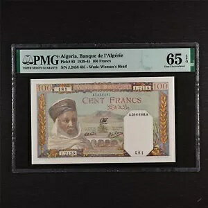 1939-45 �A���W�F���A Banque de I Algerie 100 �t���� �s�b�N#85 PMG 65 EPQ �W�F�� UNC