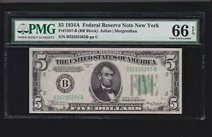US 1934A $5 FRN �j���[���[�N FR 1957-B PMG 66 EPQ GEM CU (265) 1/2 �A��