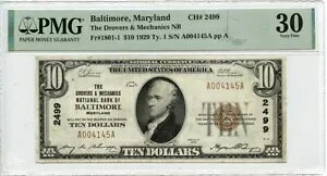 1929 �N1 $10 �{���`���A MD �h���[�o�[�Y �i�V���i�� CH#2499 Fr# 1801-1 PMG VF30
