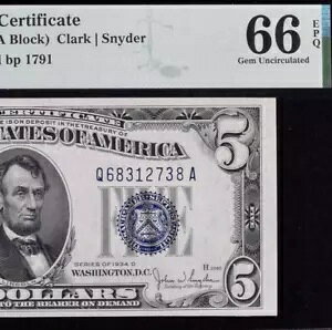 1934D $5 �V���o�[�ؖ��� QA �u���b�N PMG �W�F�� 66EPQ - �u���[ �V�[�� ���C�h - Fr 1654WI