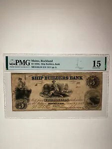 Ship Builders Bank Maine Rockland $5 1850s Choice Fine